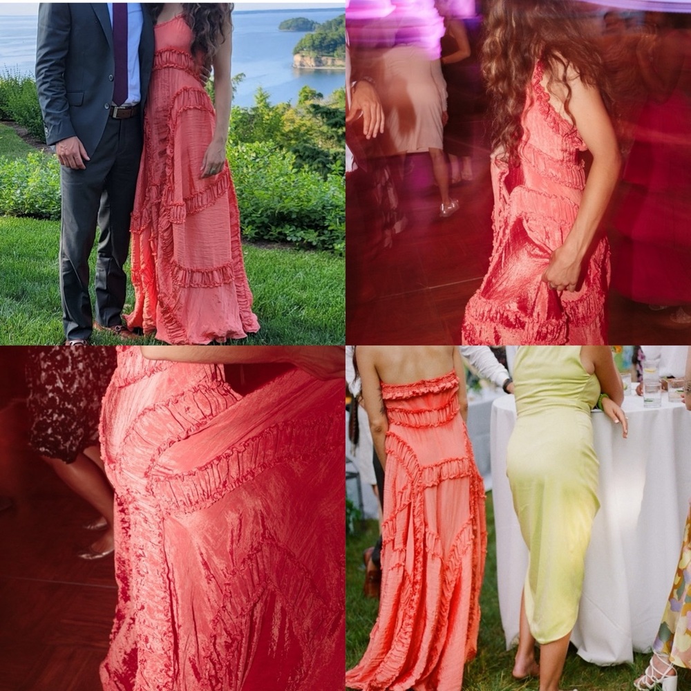 Vintage All Saints Coral Ruffle Silk formal Maxi Dress